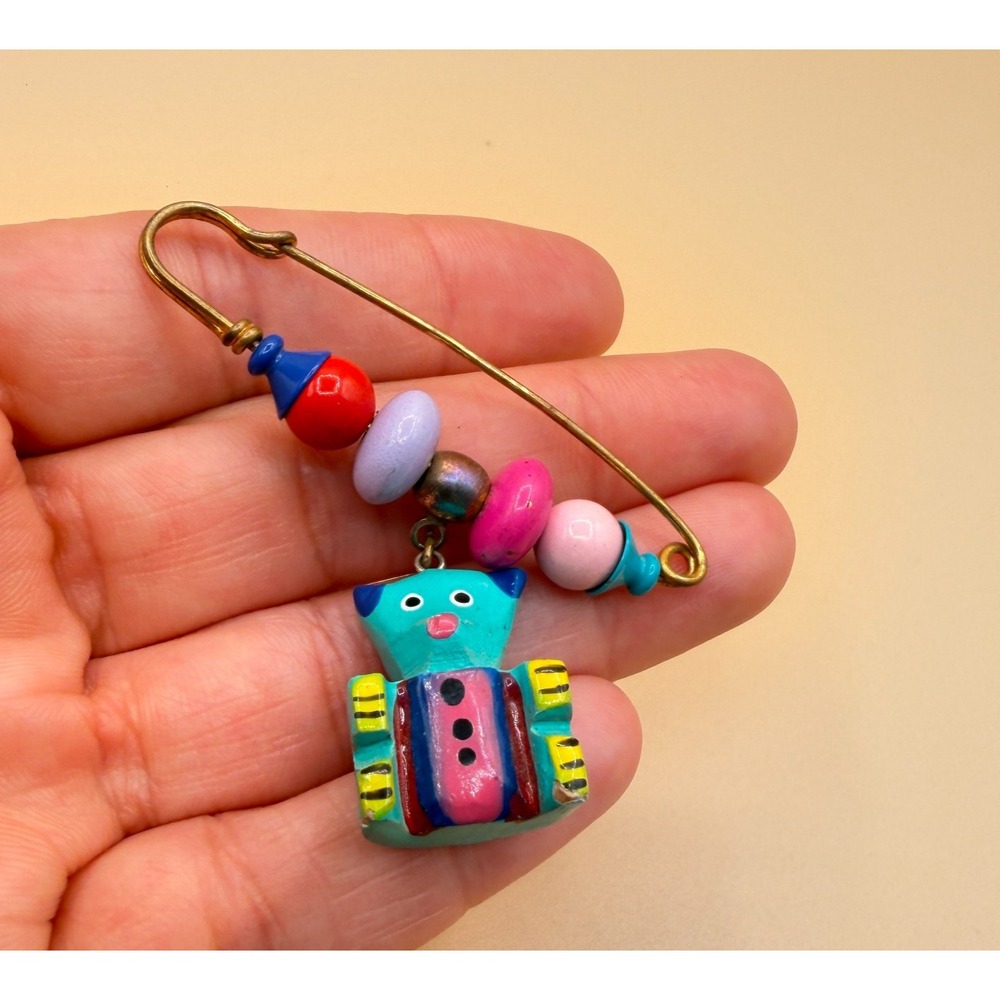 Colorful Cat Beaded Safety Pin Brooch Folk Art Whimsical Boho Statement Gift
